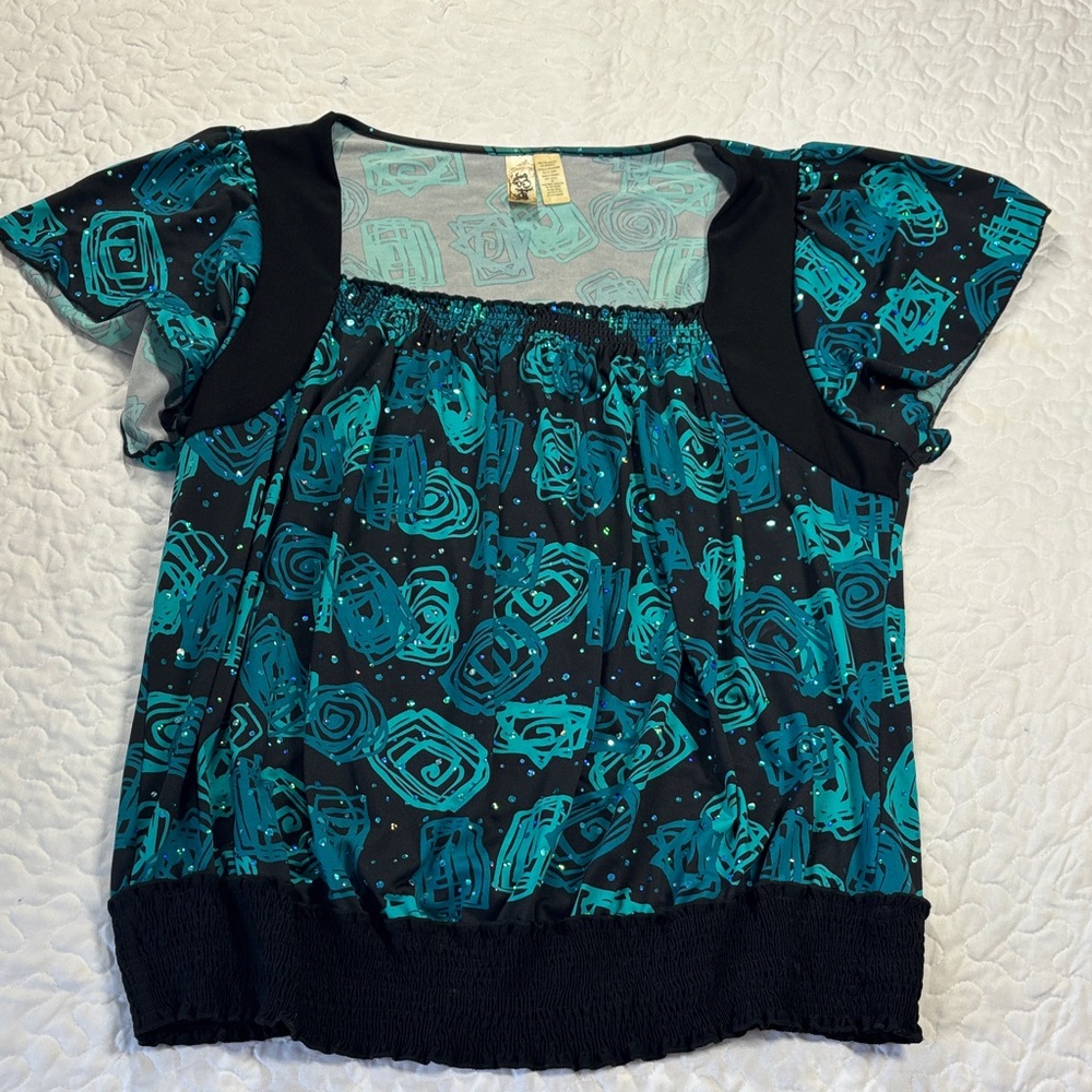 L8teR Black and Teal Flutter Sleeve Blouse size 3x
